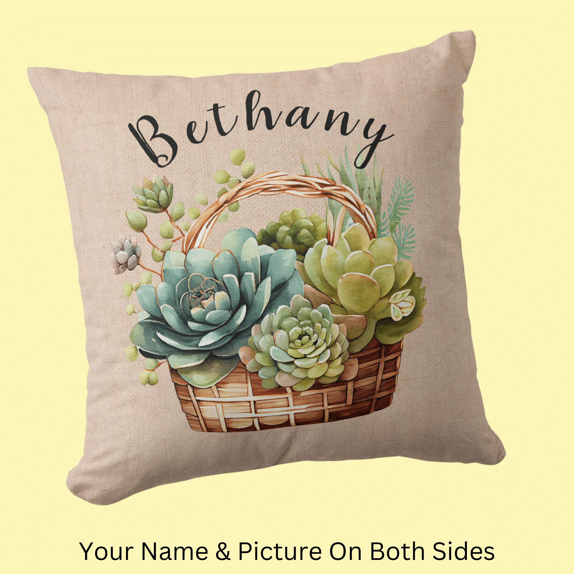 Add a Name or other text on front and back. Basket of Succulents. - Click to see all the details.