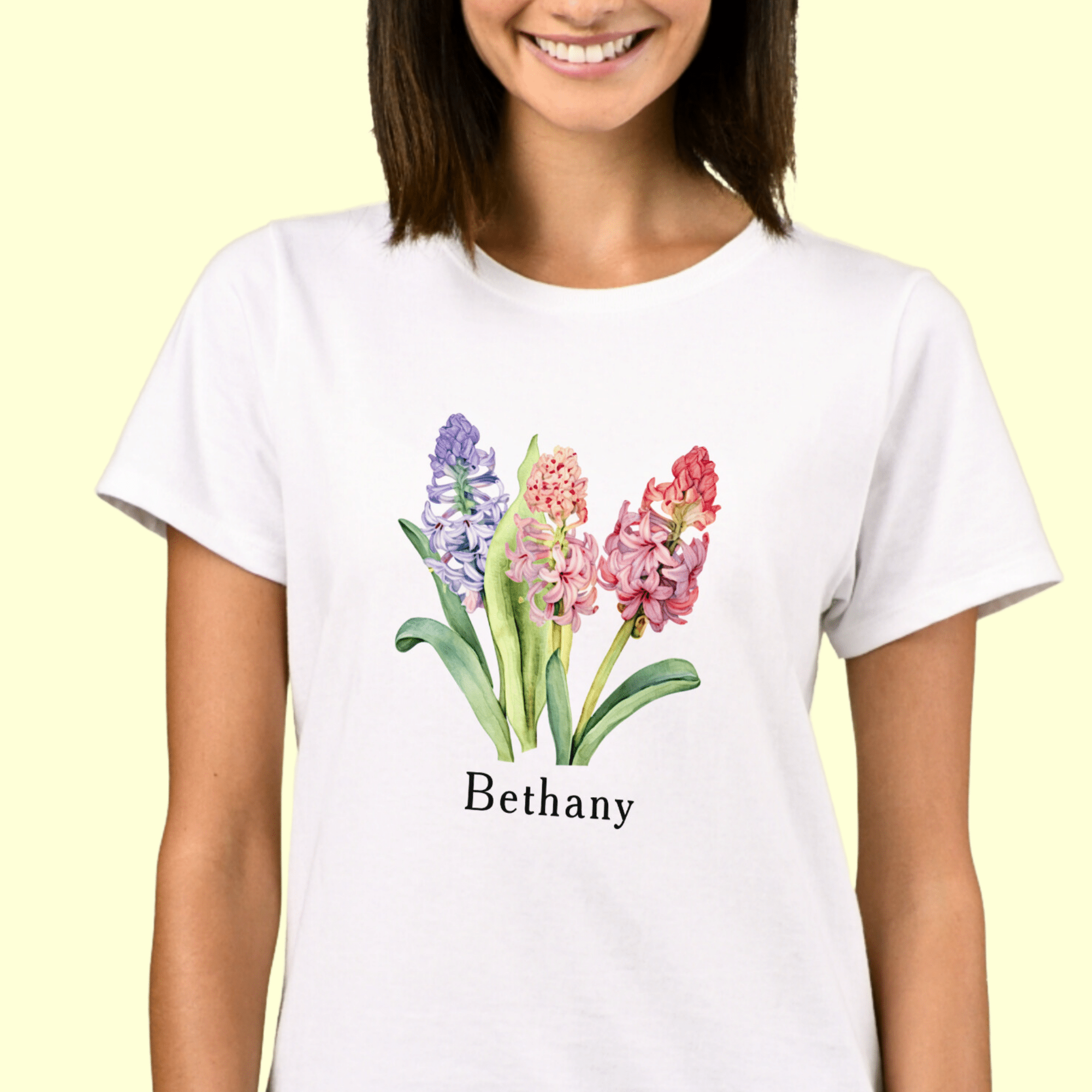 Add Name Text, Hyacinth Flowers, Pinks & Purples T-Shirt -  Click for all the details